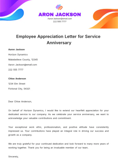 Free Employee Appreciation Letter For Service Anniversary Template to Edit Online