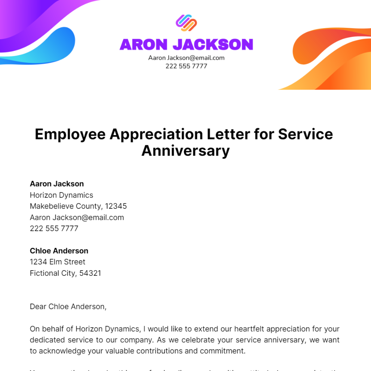 Employee Appreciation Letter For Service Anniversary Template