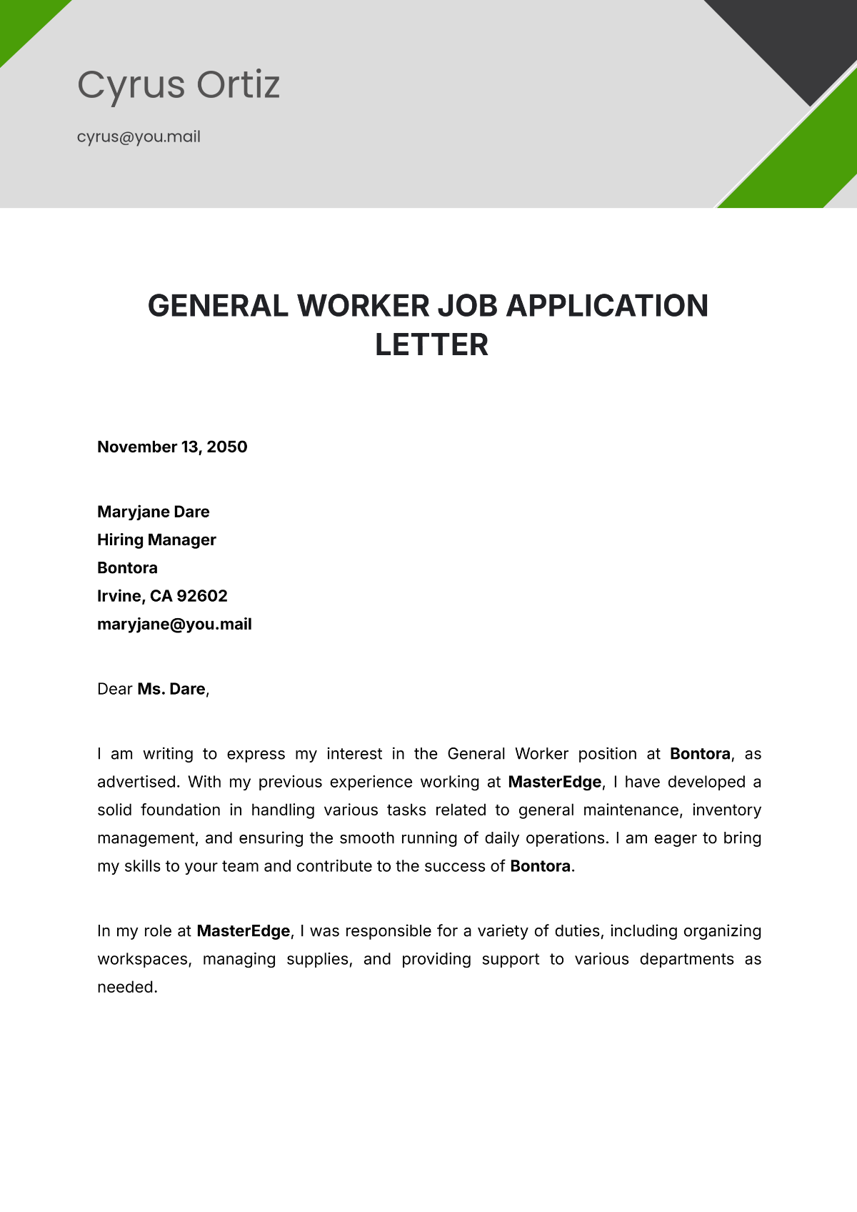 General Worker Job Application Letter Template