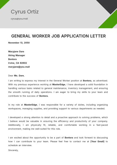 Free General Worker Job Application Letter Template to Edit Online