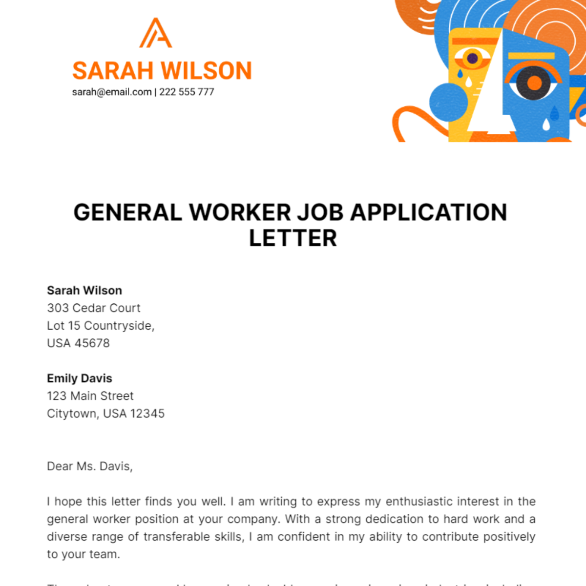 General Worker Job Application Letter  Template