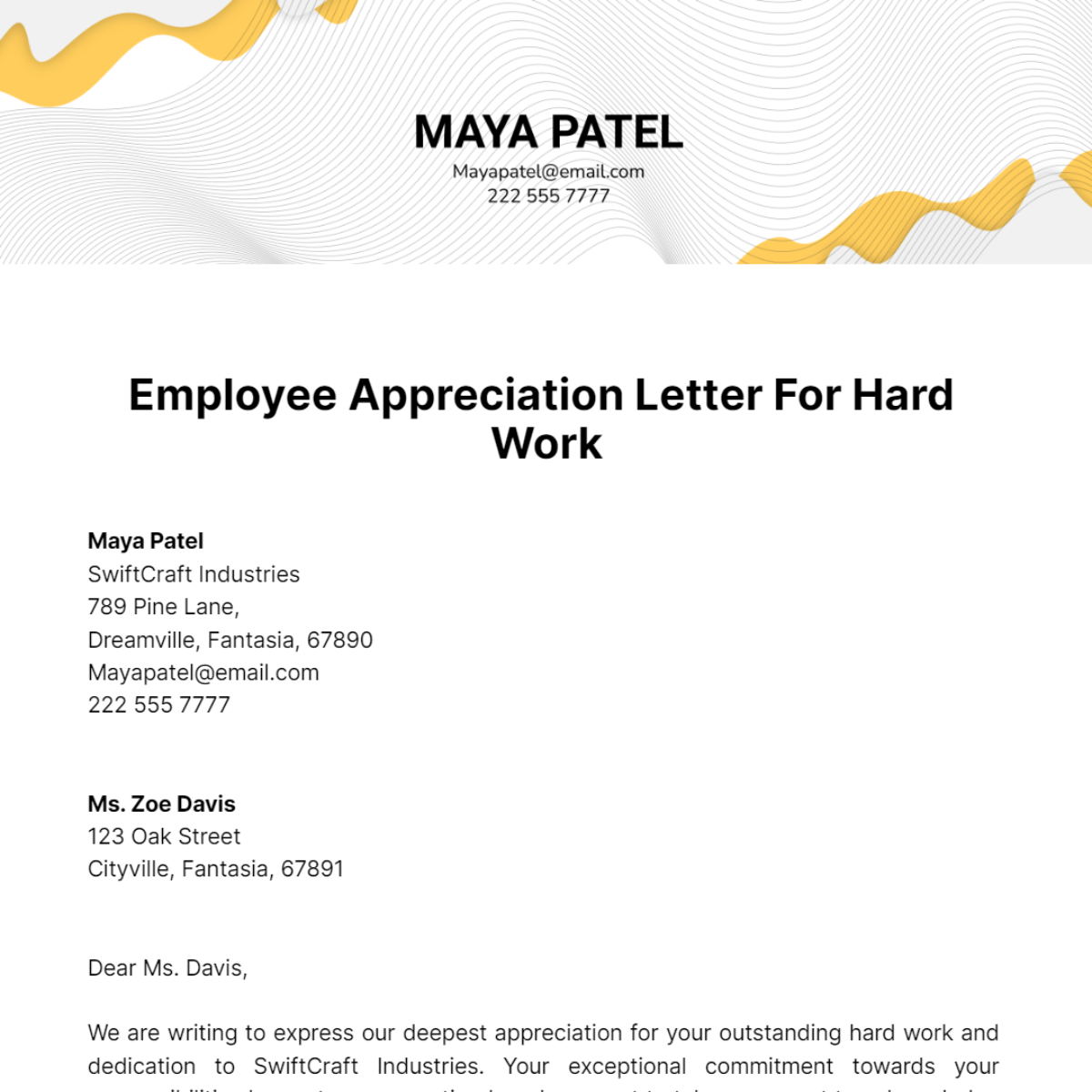Employee Appreciation Letter For Hard Work Template