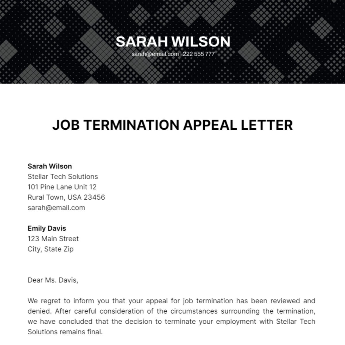 Job Termination Appeal Letter Template