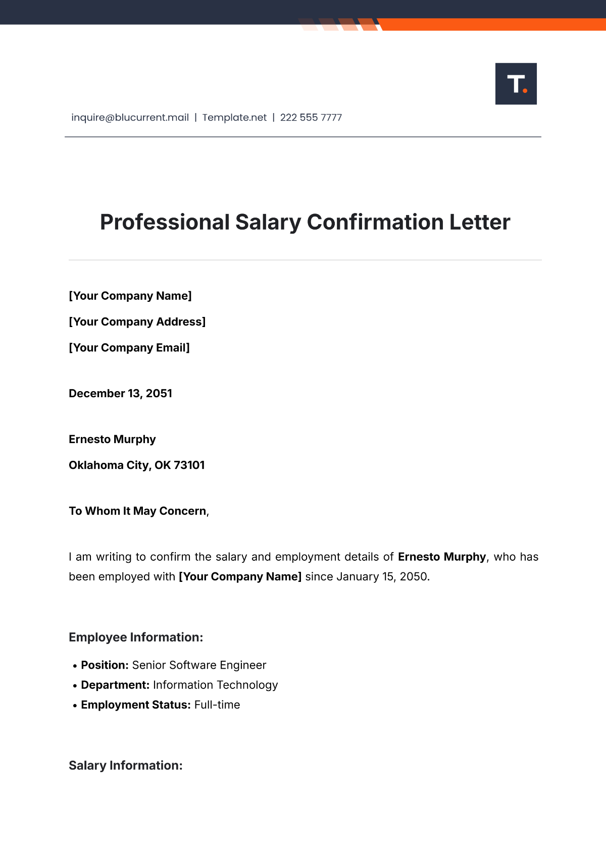 Professional Salary Confirmation Letter Template - Edit Online & Download