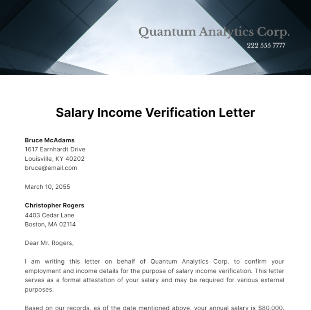 Salary Income Verification Letter Template