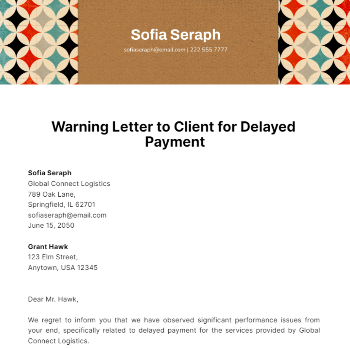 Warning Letter To Client For Delayed Payment Template