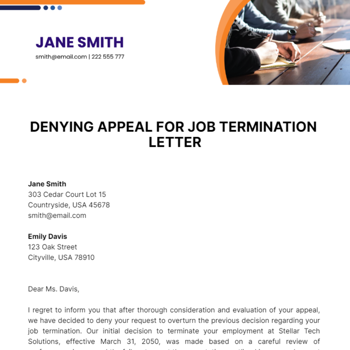 Denying Appeal For Job Termination Letter Template