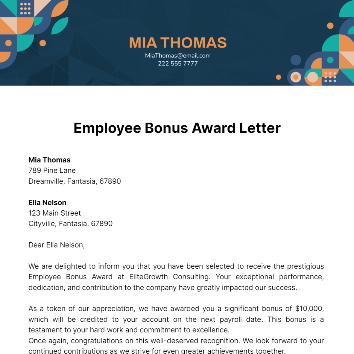 Employee Bonus Award Letter Template