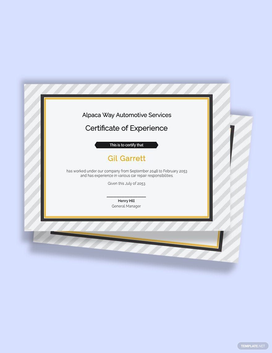 Car Workshop Experience Certificate Template