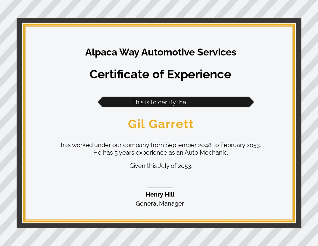 Free Car Workshop Experience Certificate Template - Google Docs, Illustrator, Word, Outlook, Apple Pages, PSD, Publisher