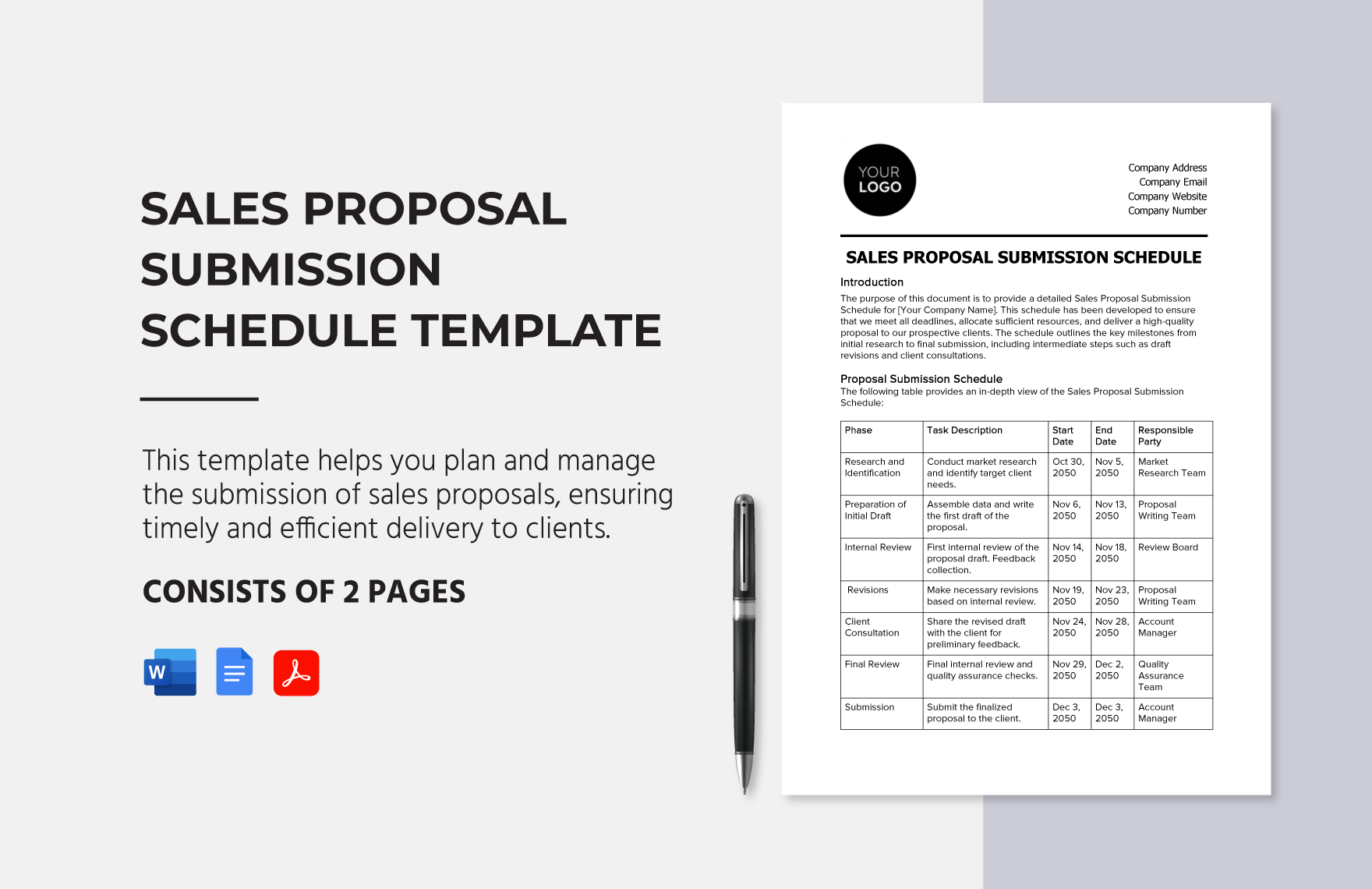 Sales Proposal Submission Schedule Template in Google Docs, PDF, PowerPoint