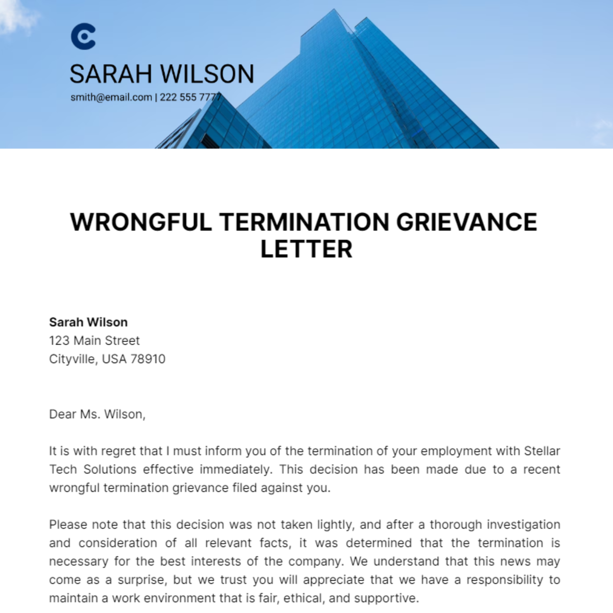 Wrongful Termination Grievance Letter Template