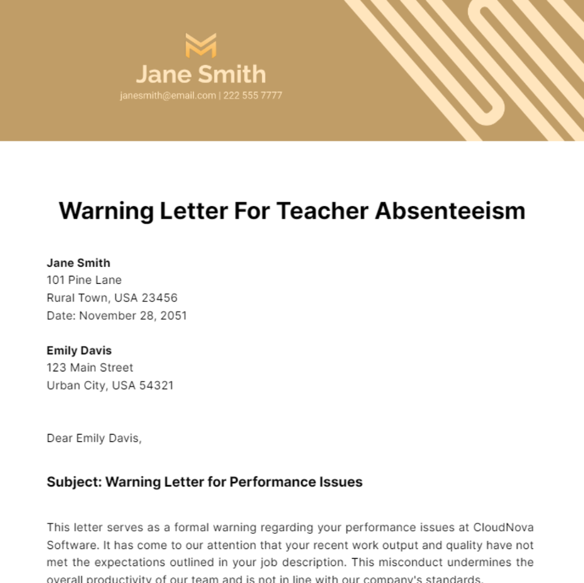 Free Warning Letter For Teacher Absenteeism Template