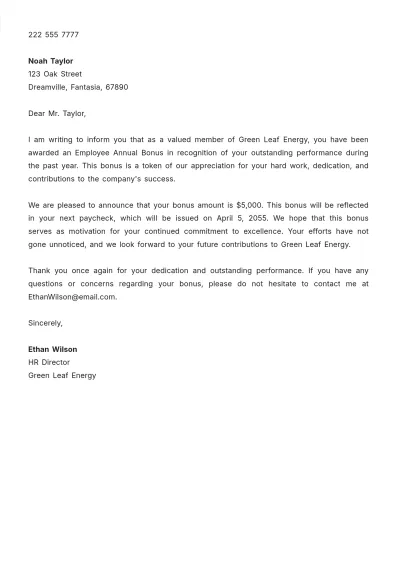Free Employee Annual Bonus Letter Template to Edit Online