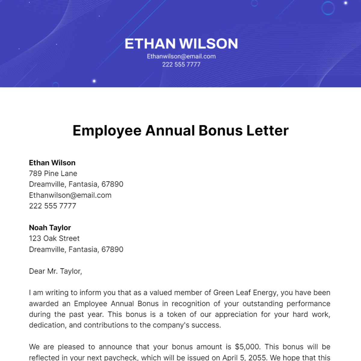Employee Annual Bonus Letter Template