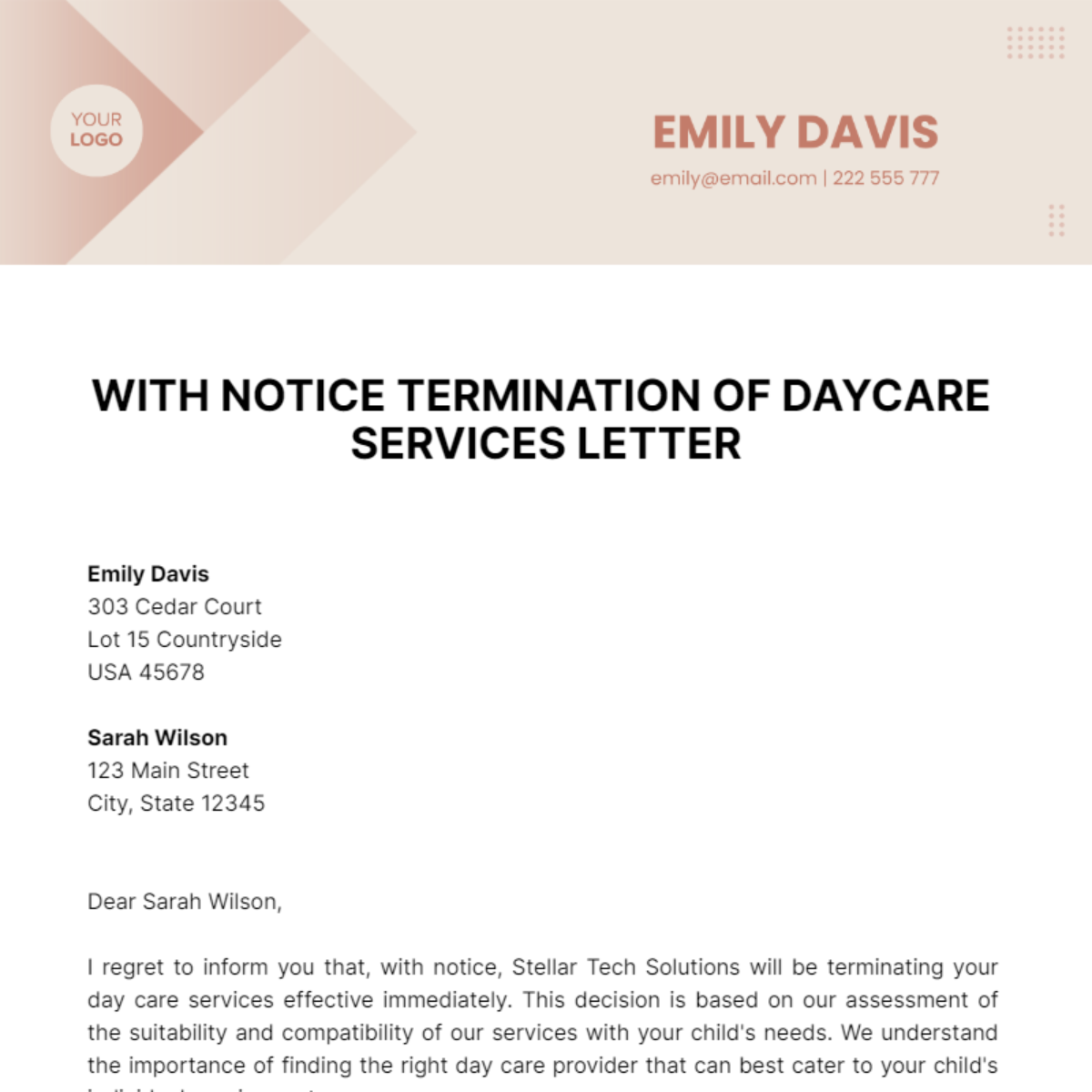 With Notice Termination Of Daycare Services Letter Template