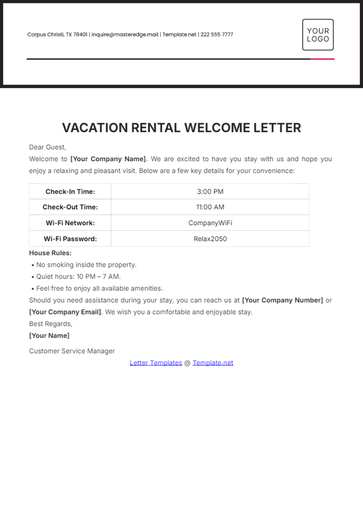 Vacation Rental Welcome Letter Template - Edit Online & Download