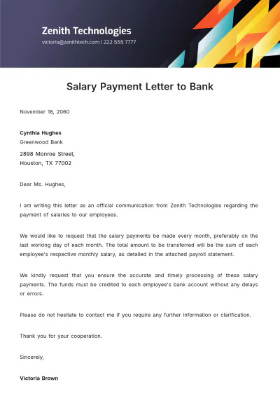 Free Salary Payment Letter to Bank Template to Edit Online