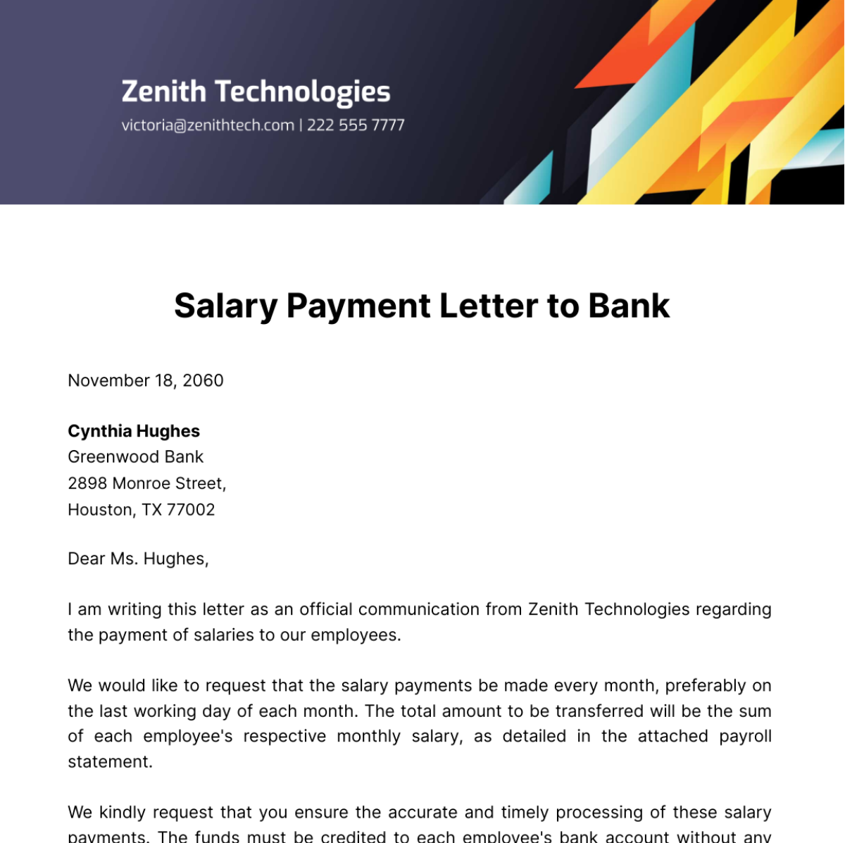 Salary Payment Letter to Bank Template