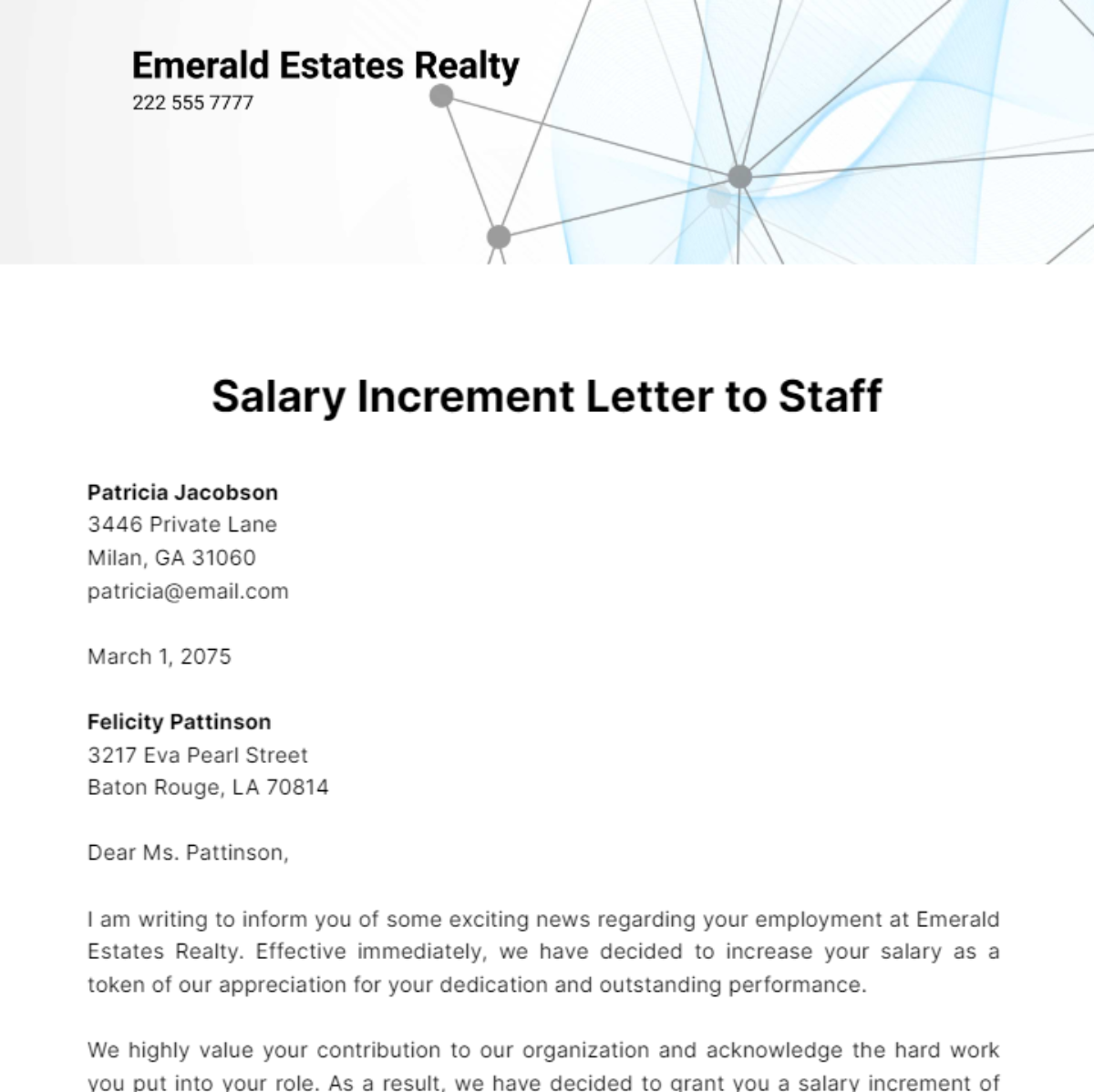 Free Salary Increment Letter to Staff Template