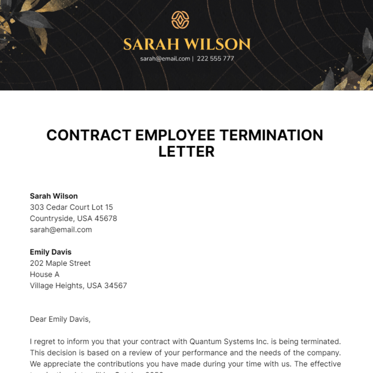 Contract Employee Termination Letter Template