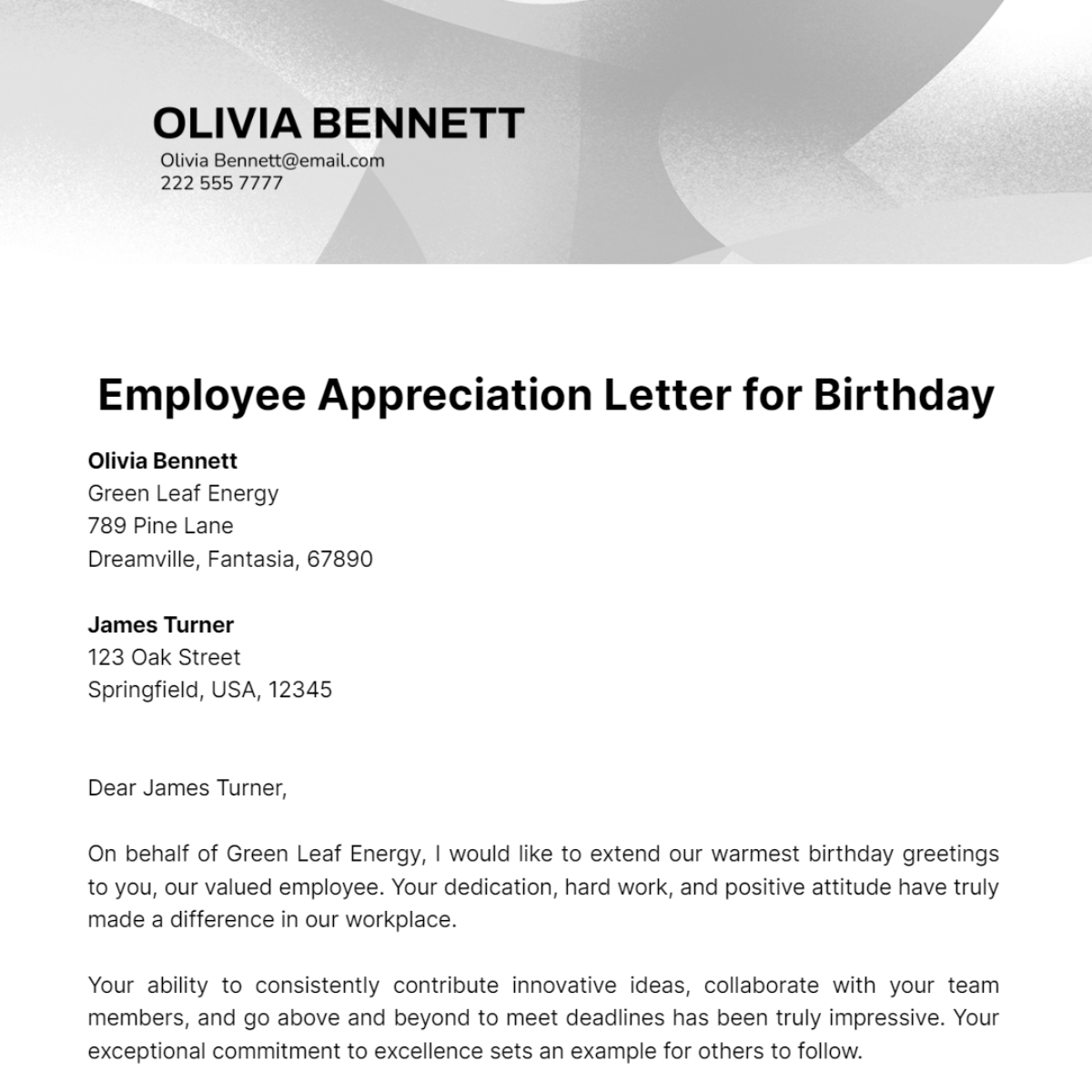 Employee Appreciation Letter for Birthday Template