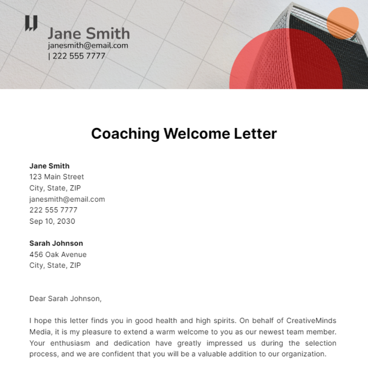 Free Coaching Welcome Letter  Template