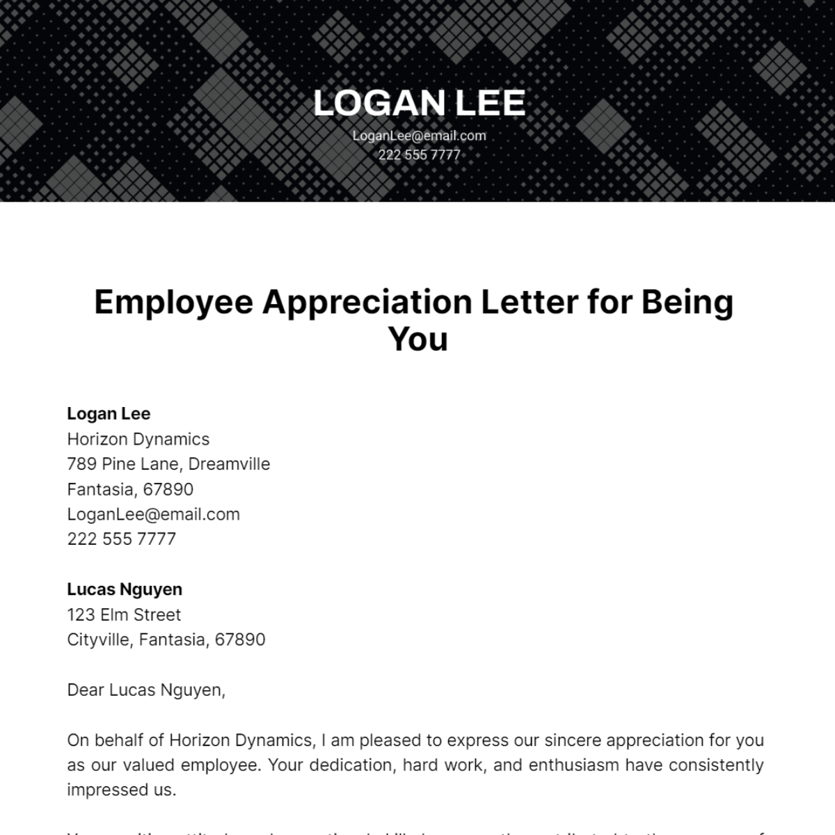 Employee Appreciation Letter For Being You Template
