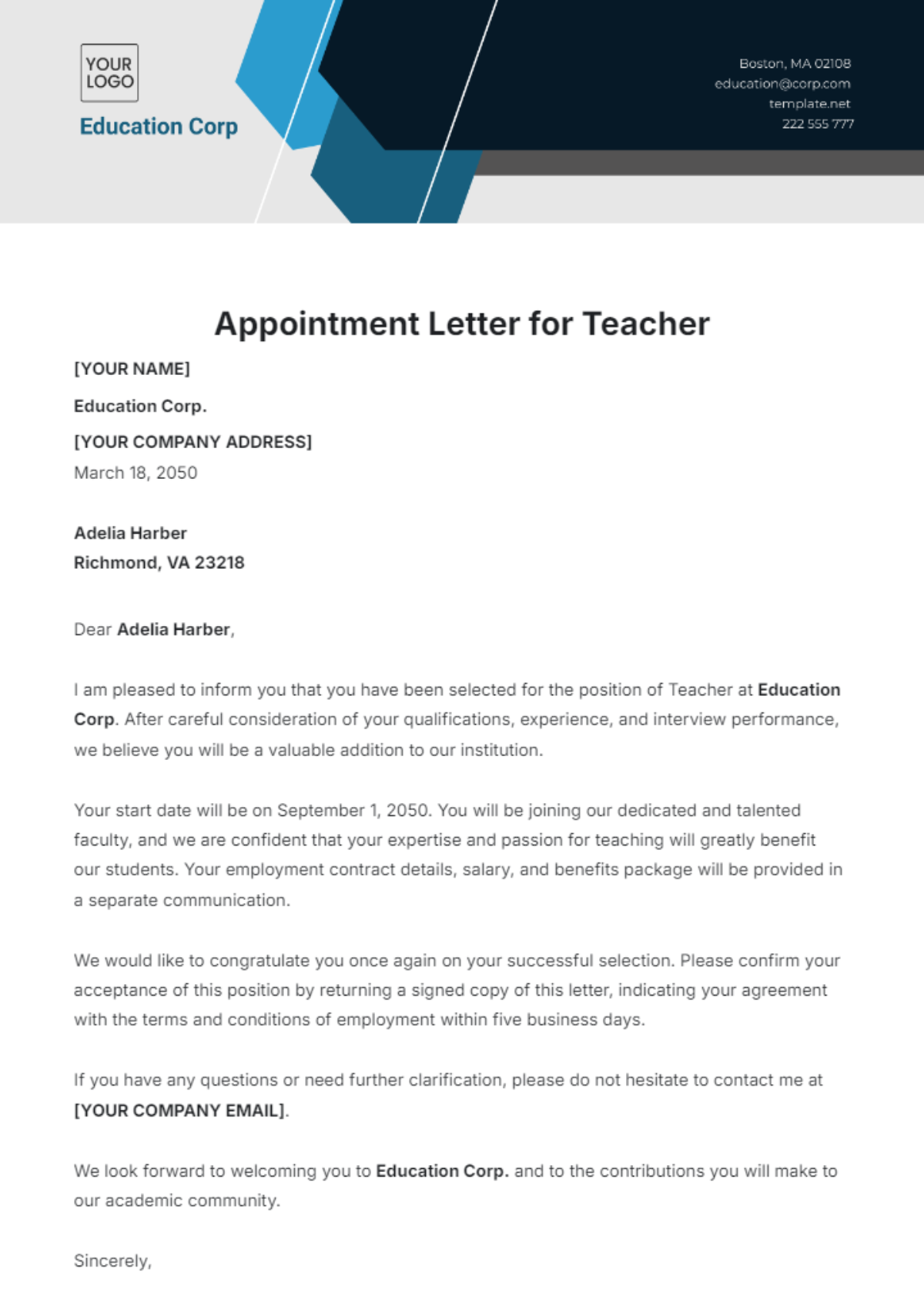 Appointment Letter for Teacher Template - Edit Online & Download