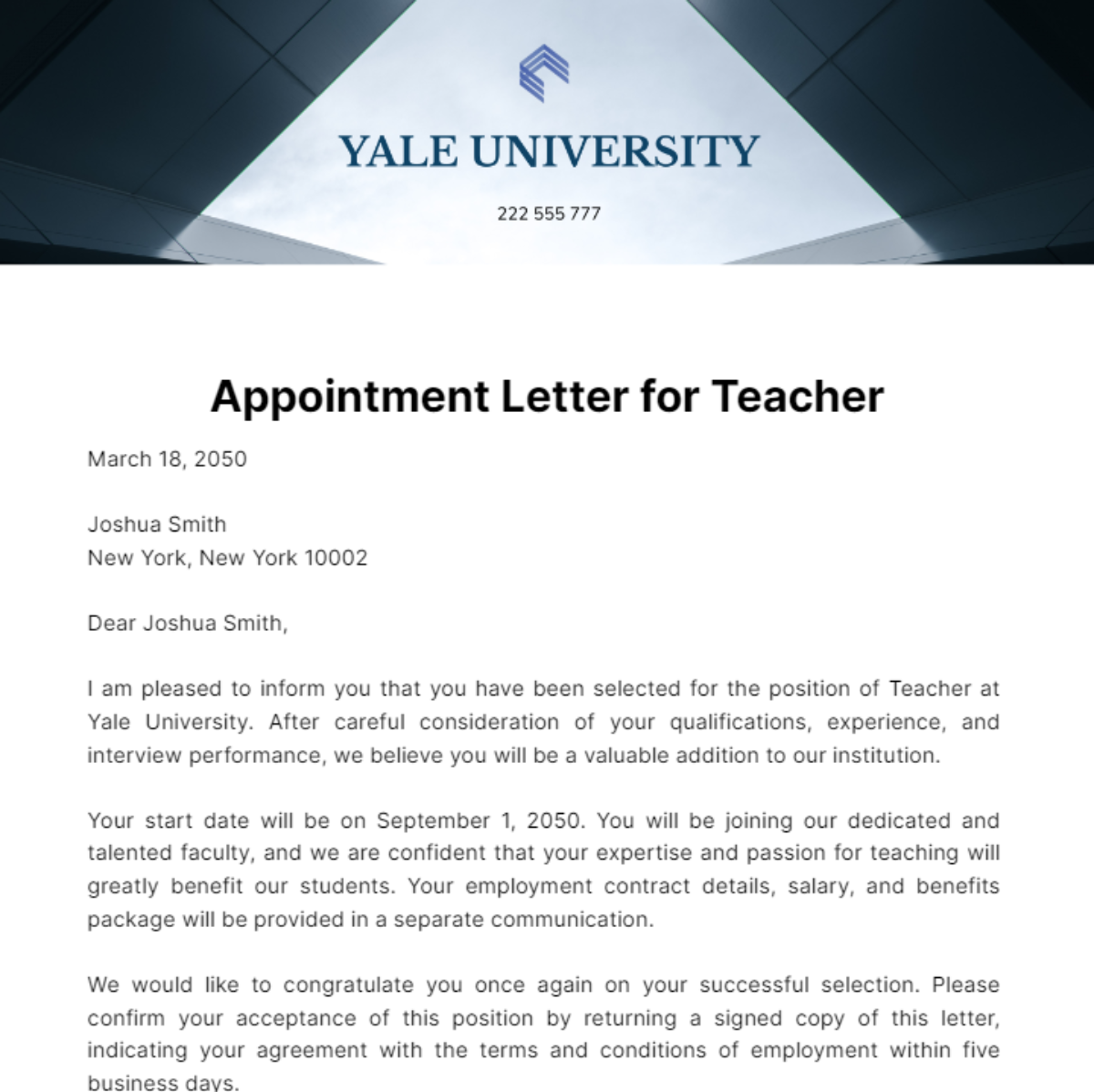 Free Appointment Letter for Teacher Template