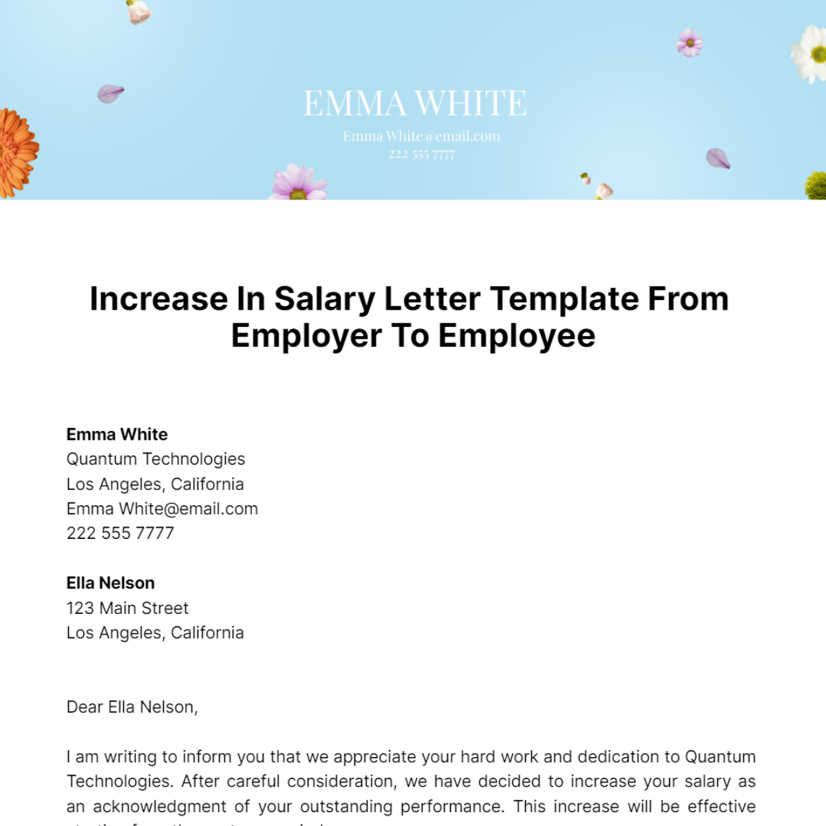 Free Increase In Salary Letter From Employer To Employee Template