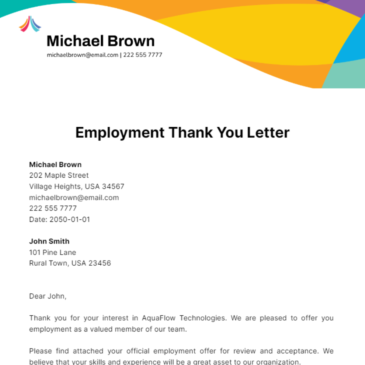 Free Employment Thank You Letter