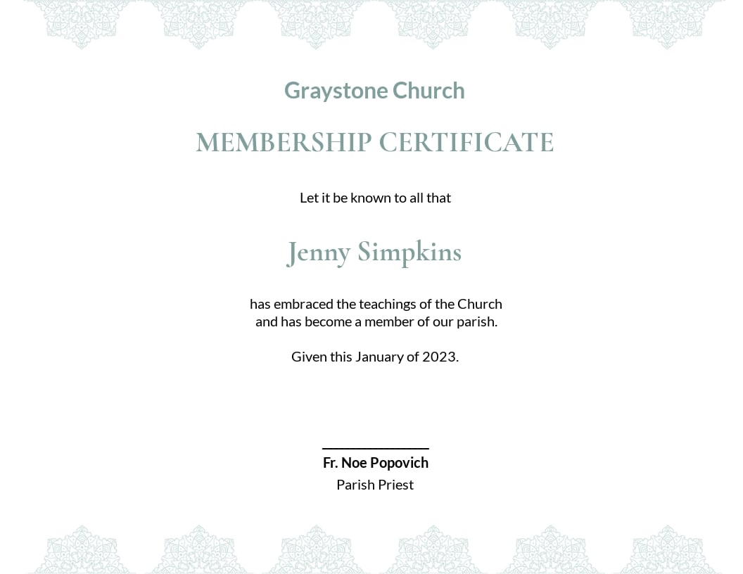 Church Membership Certificate Template - Google Docs, Illustrator, Word, Apple Pages, PSD, Publisher