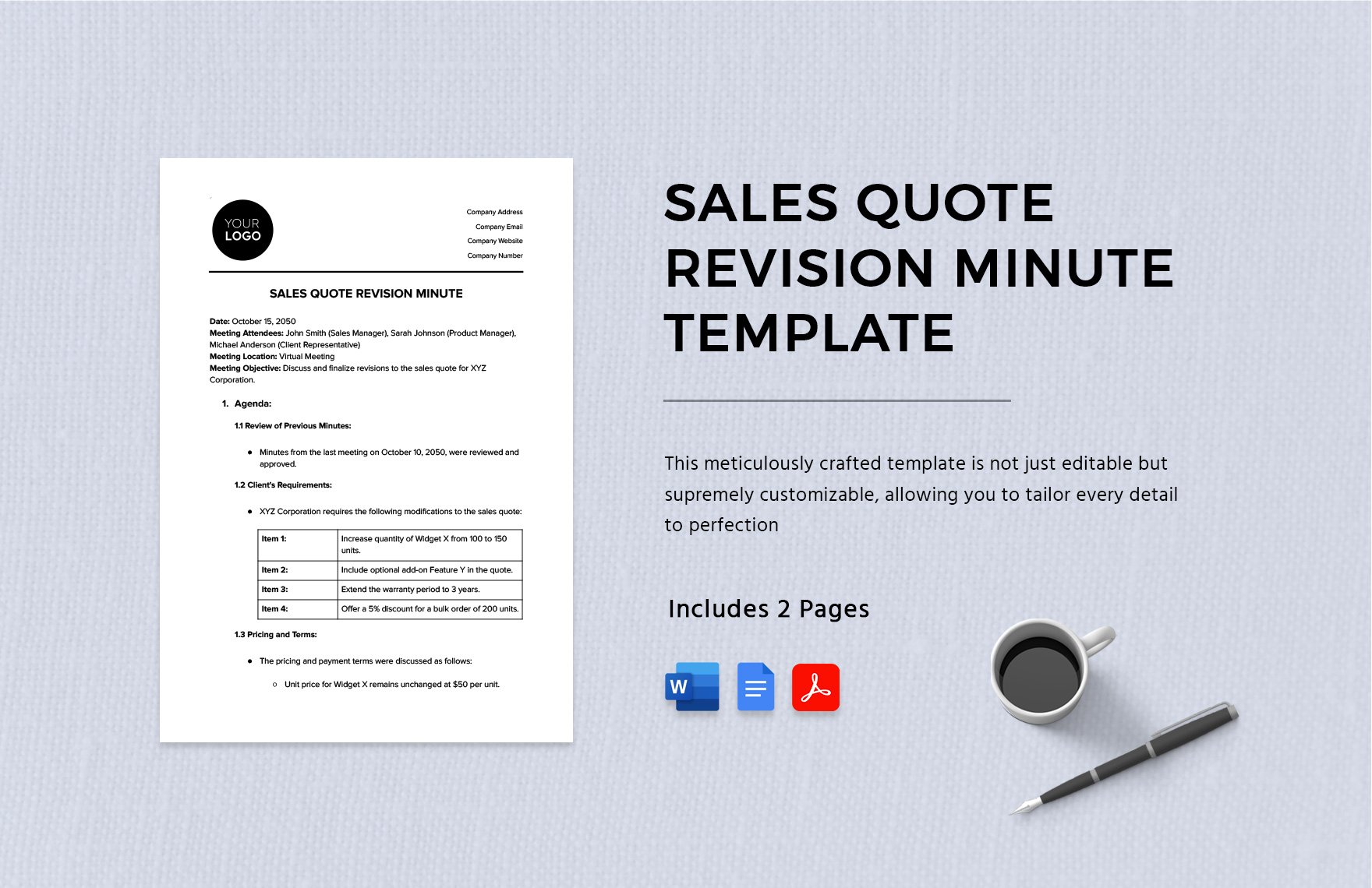 Sales Quote Revision Minute Template in Word, Google Docs, PDF