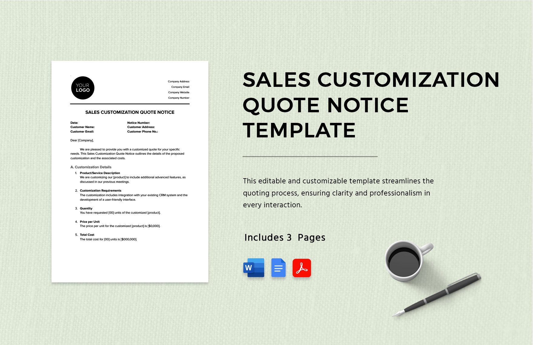 Sales Customization Quote Notice Template in Word, Google Docs, PDF