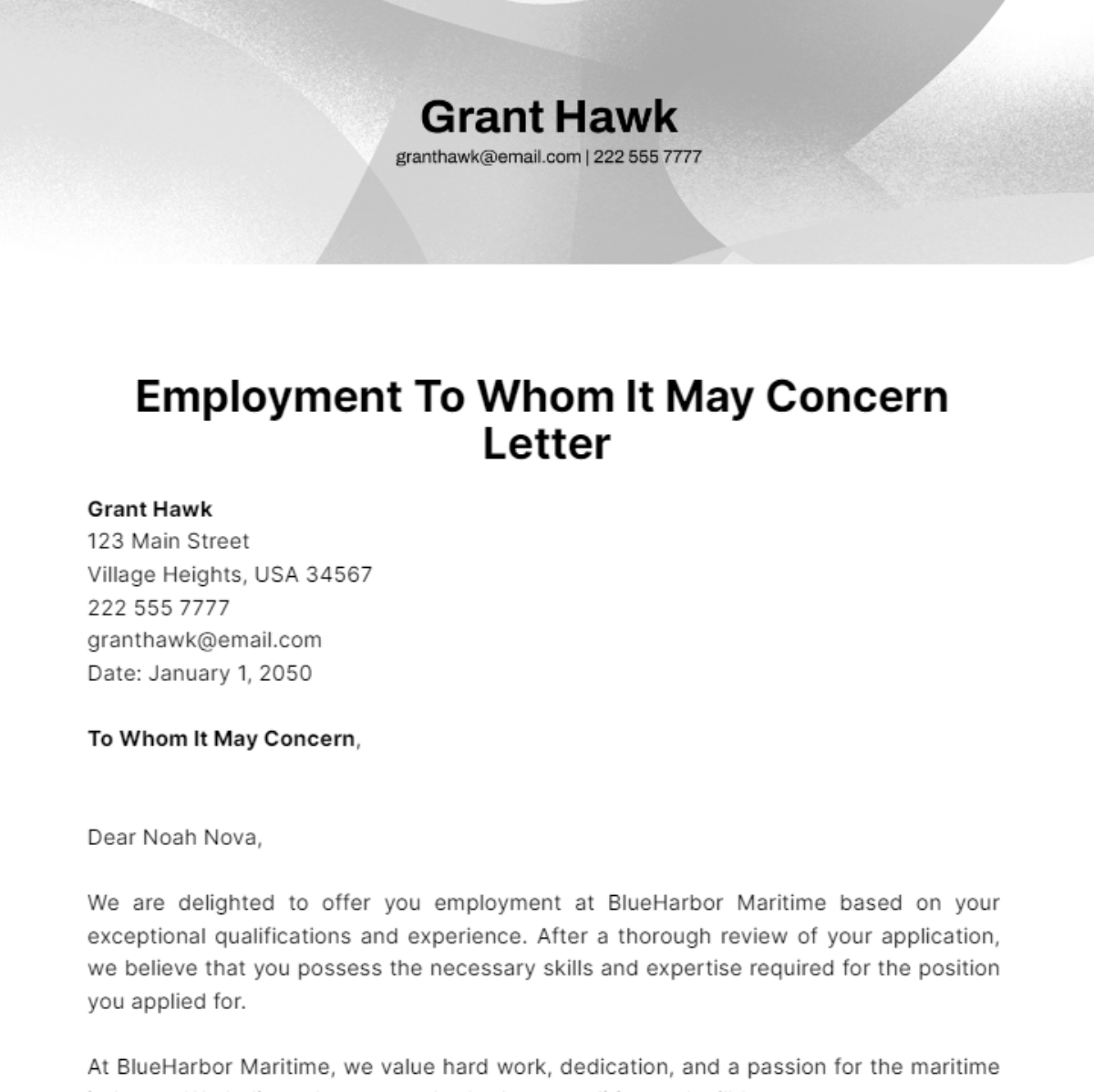 Free Employment To Whom It May Concern Letter