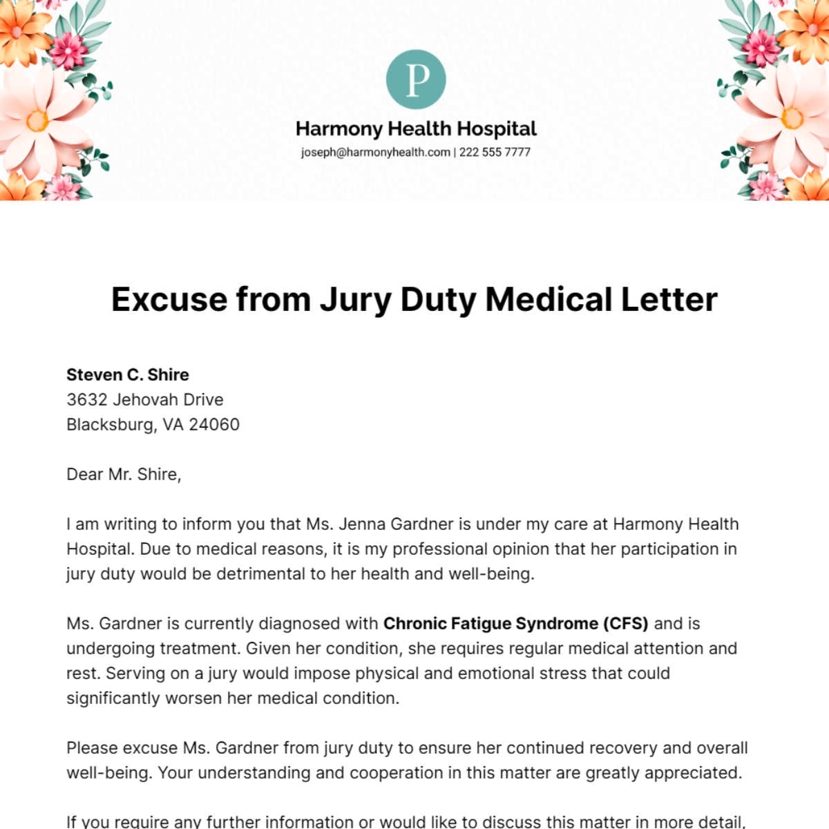 Excuse from Jury Duty Medical Letter Template
