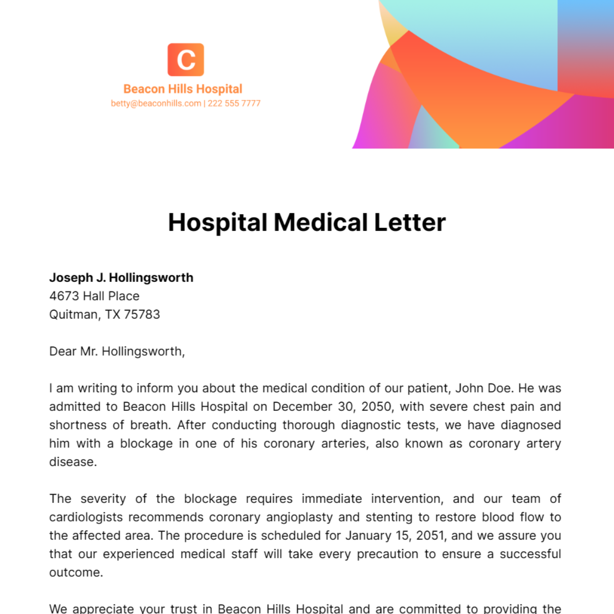 Free Hospital Medical Letter Template
