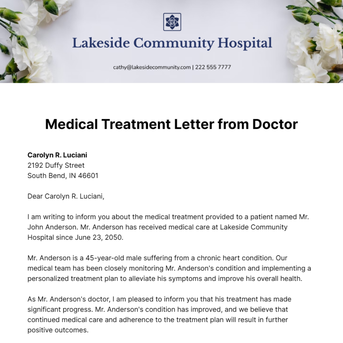 Medical Treatment Letter from Doctor Template