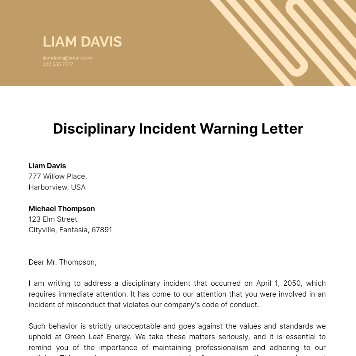 Disciplinary Incident Warning Letter Template