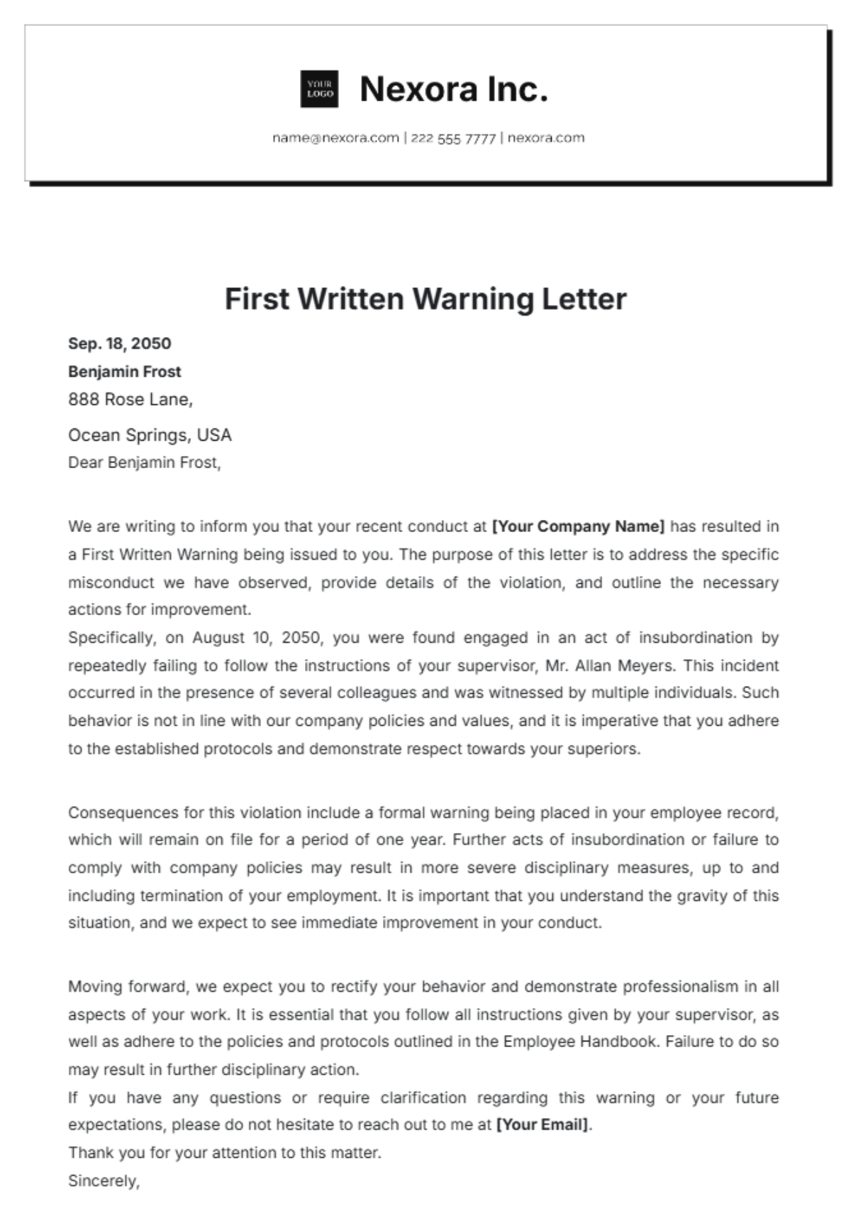 First Written Warning Letter Template - Edit Online & Download