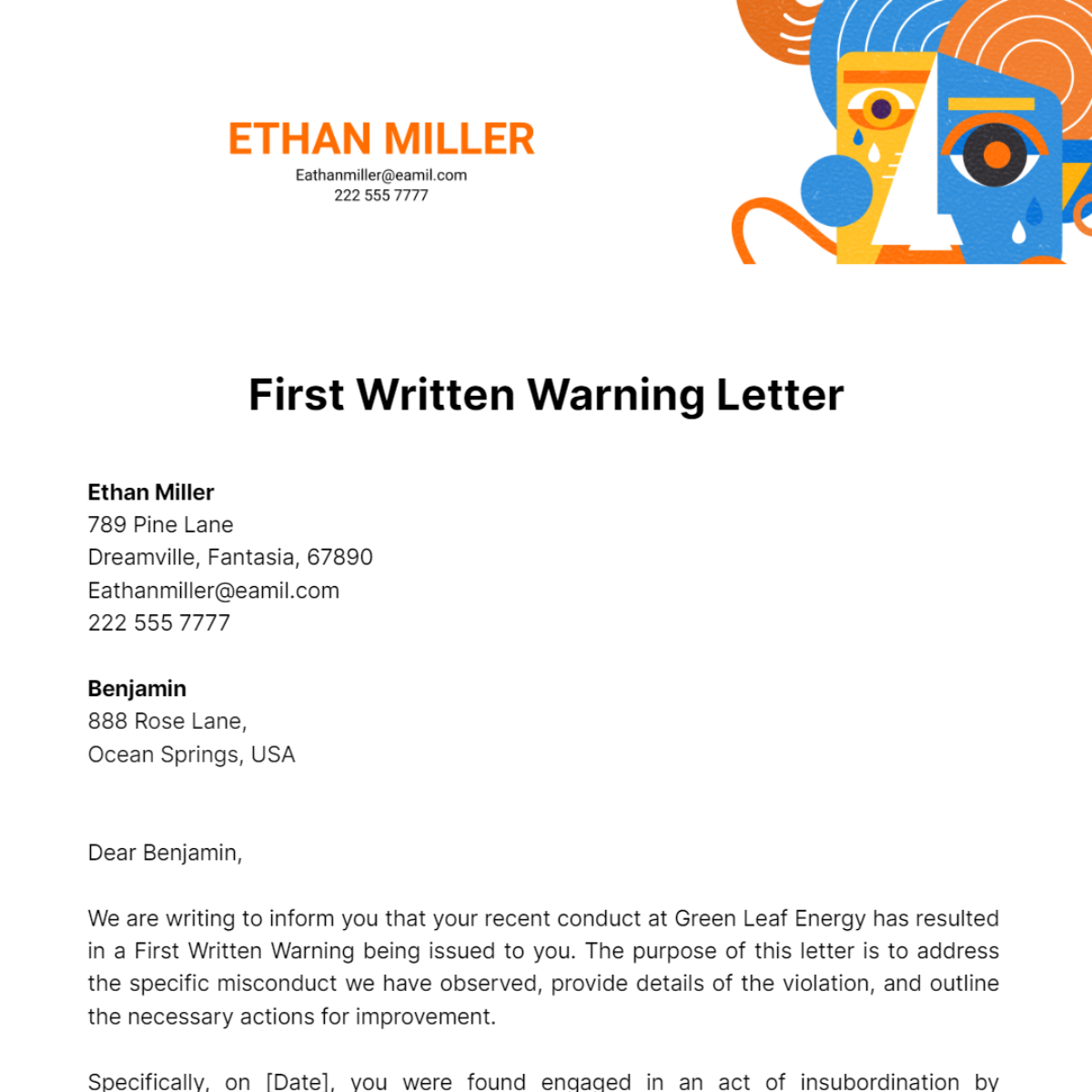 Free First Written Warning Letter Template