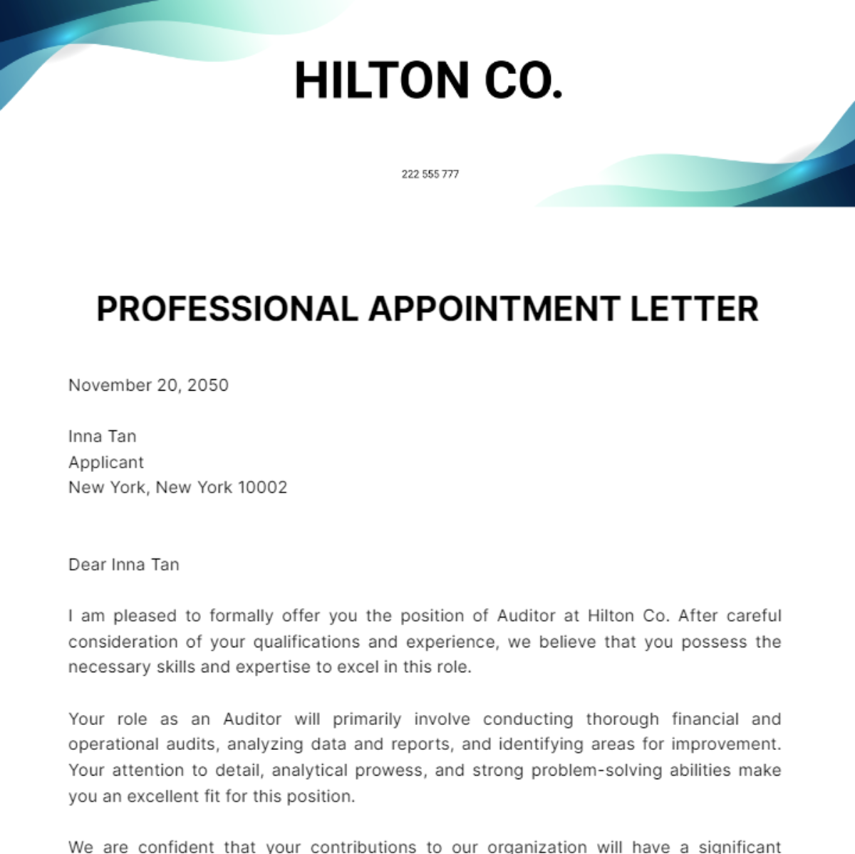 Professional Appointment Letter Template