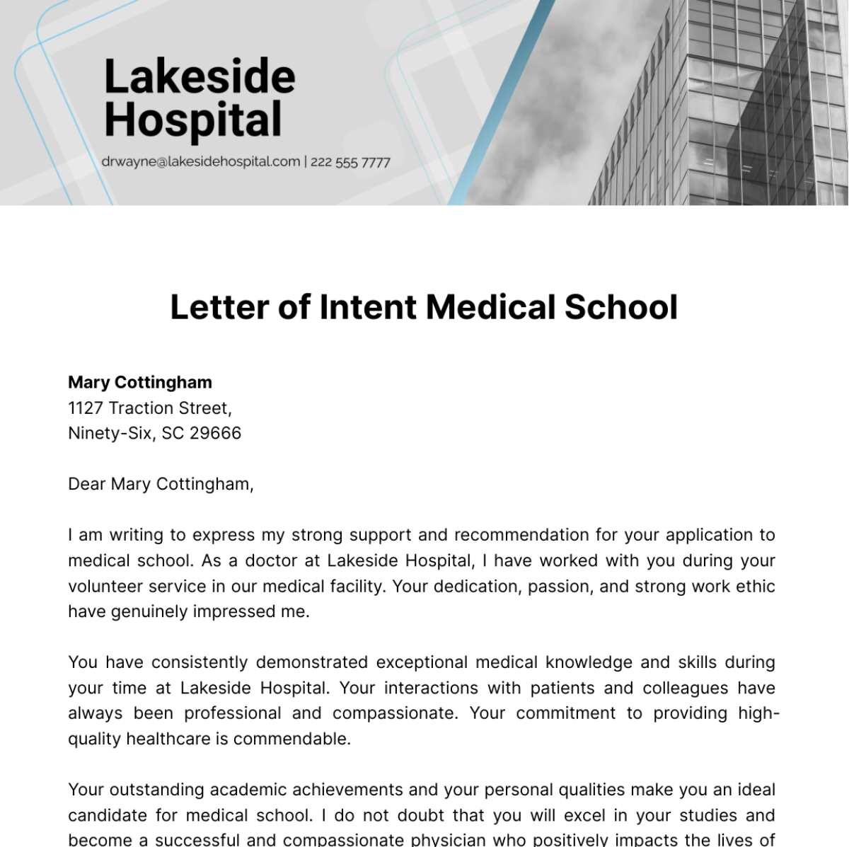Free Letter of Intent Medical School Template