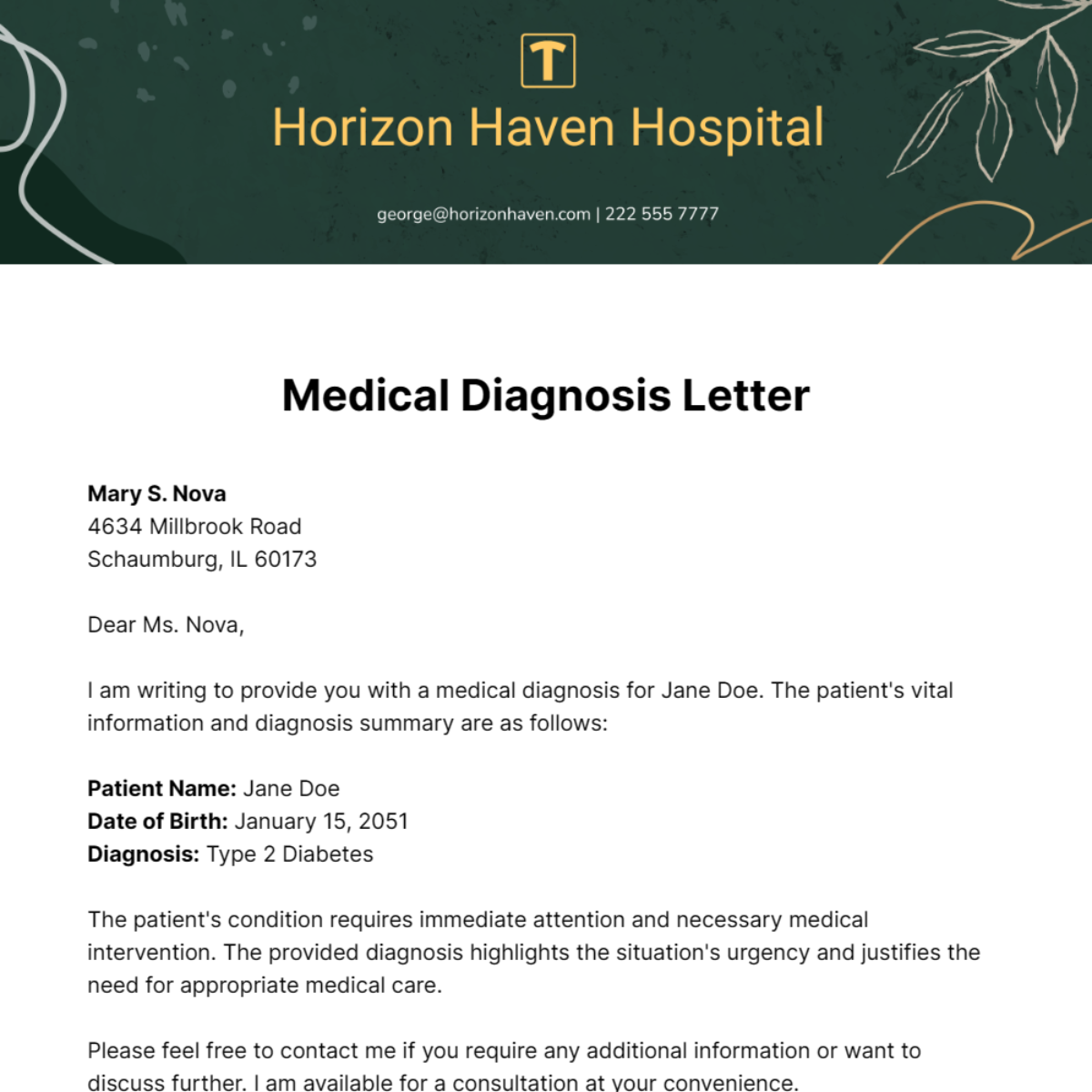 Free Medical Diagnosis Letter Template Edit Online Download 