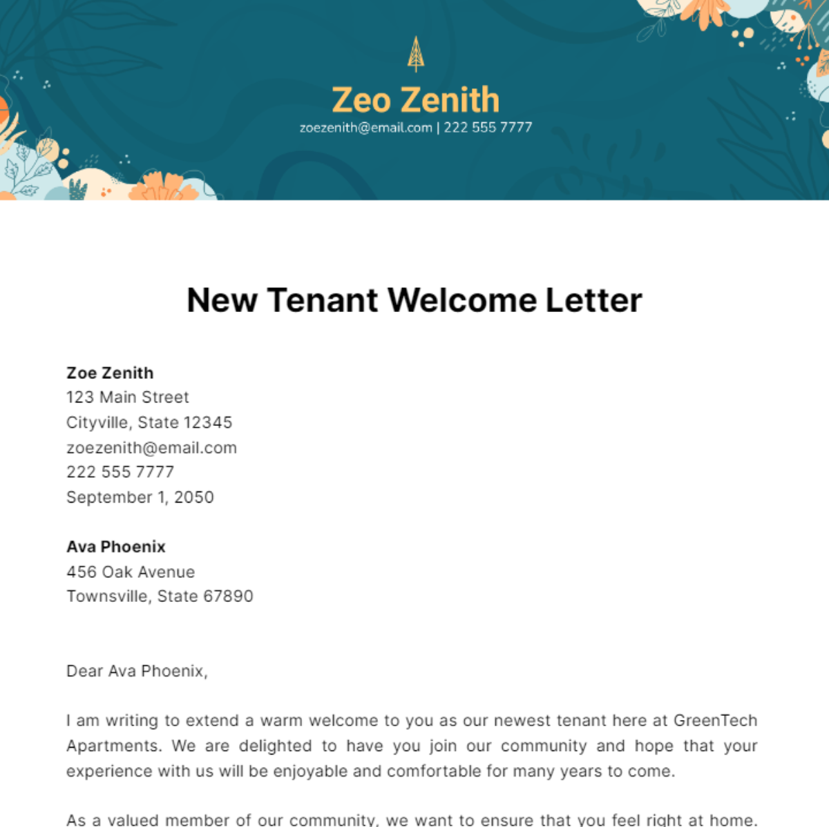 New Tenant Welcome Letter Template