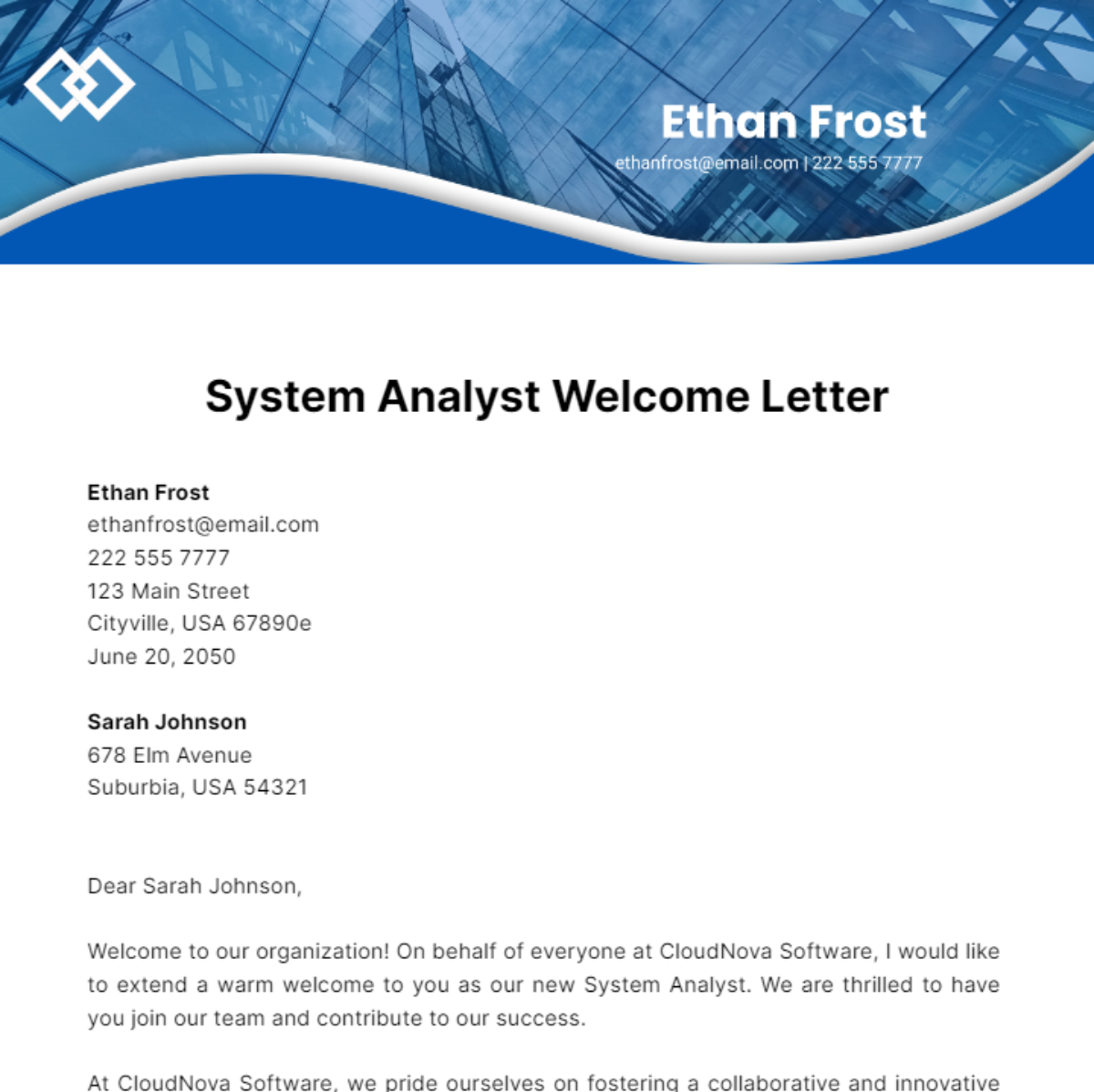 System Analyst Welcome Letter Template