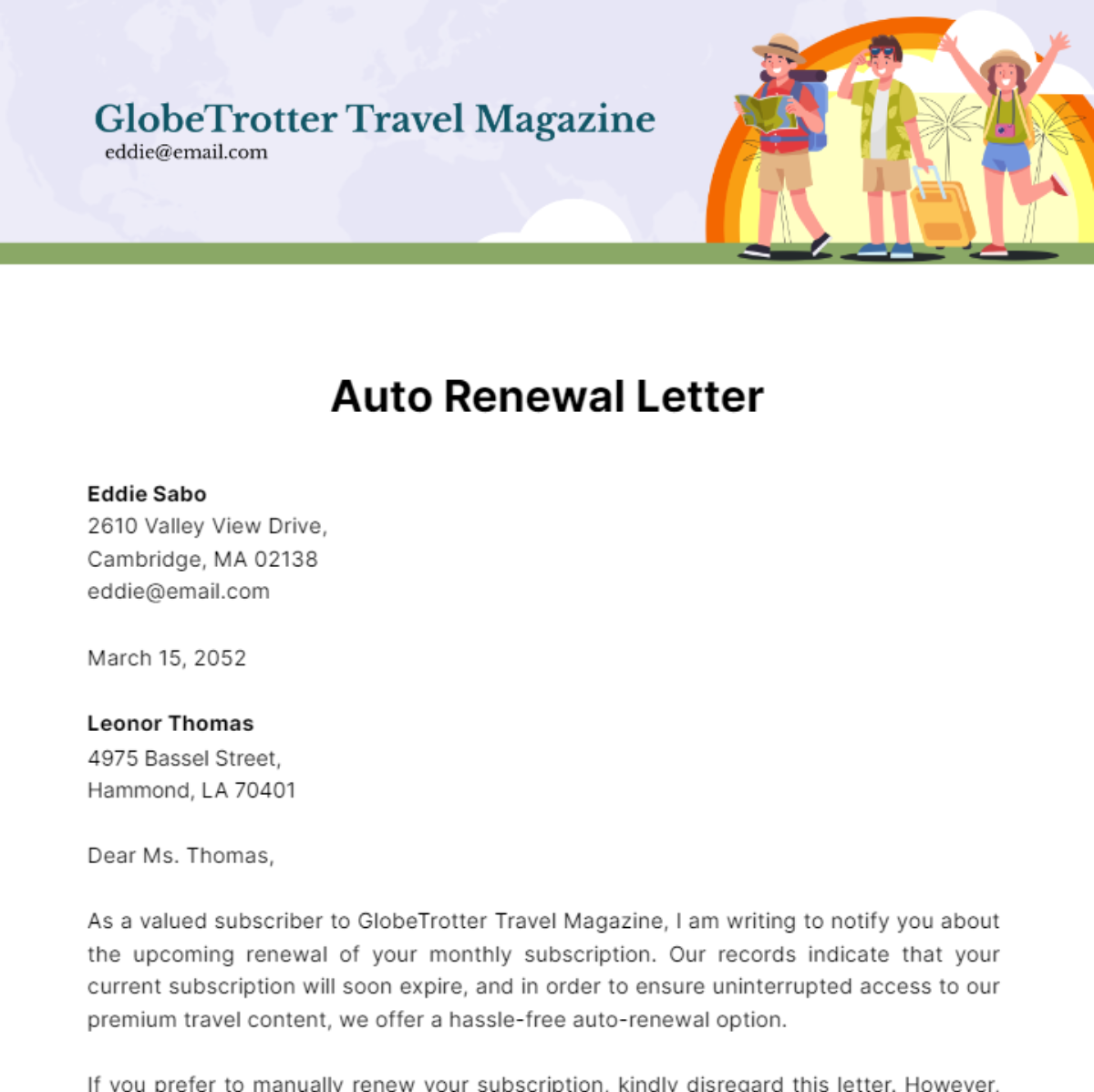 Auto Renewal Letter Template