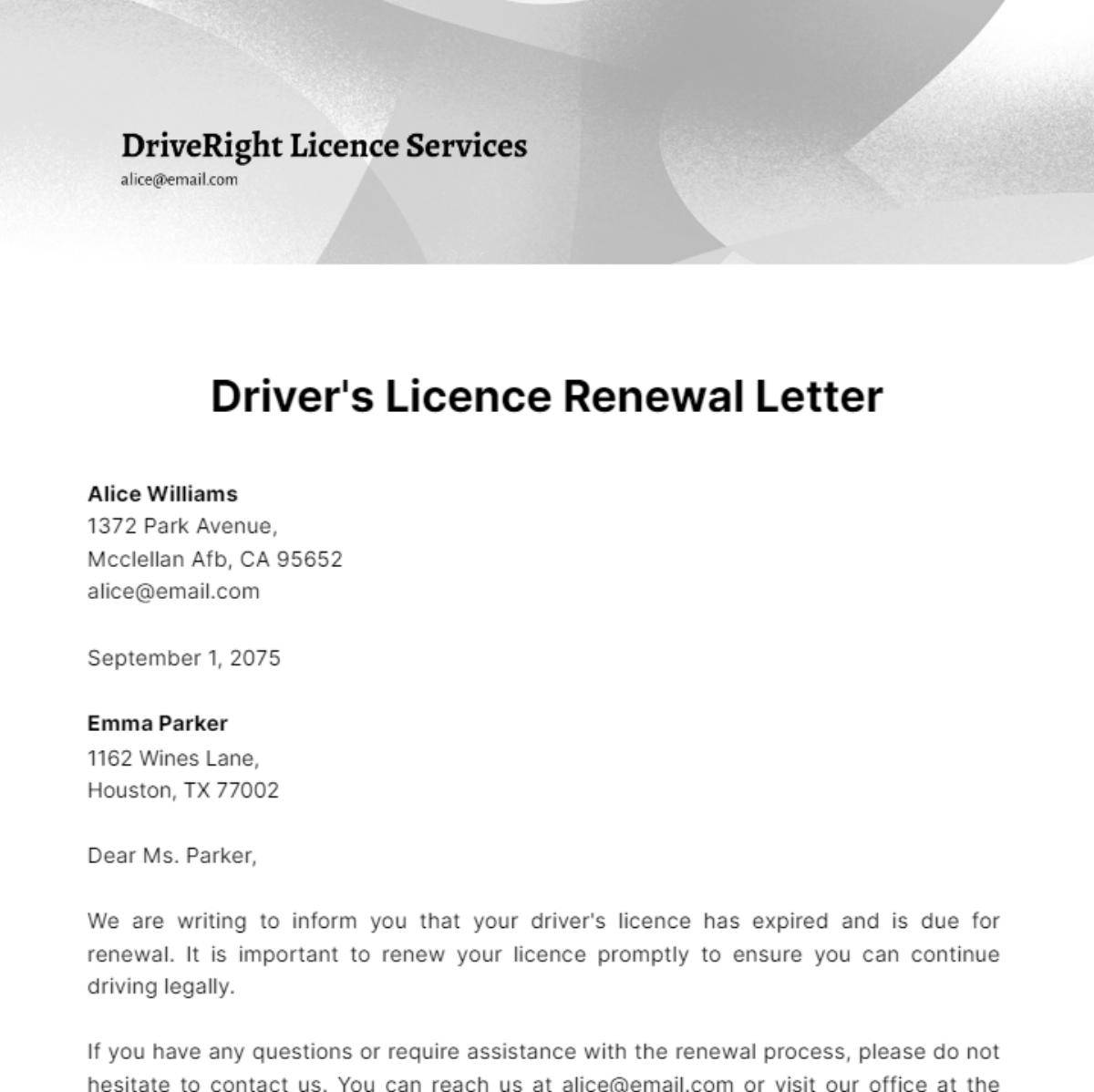Driving Licence Renewal Letter Template