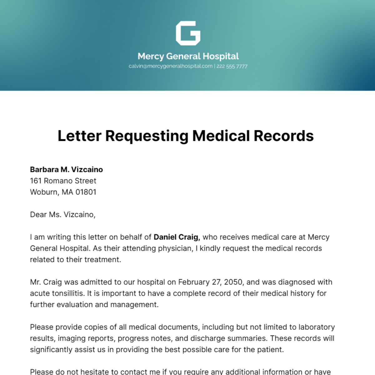 Free Letter Requesting Medical Records Template